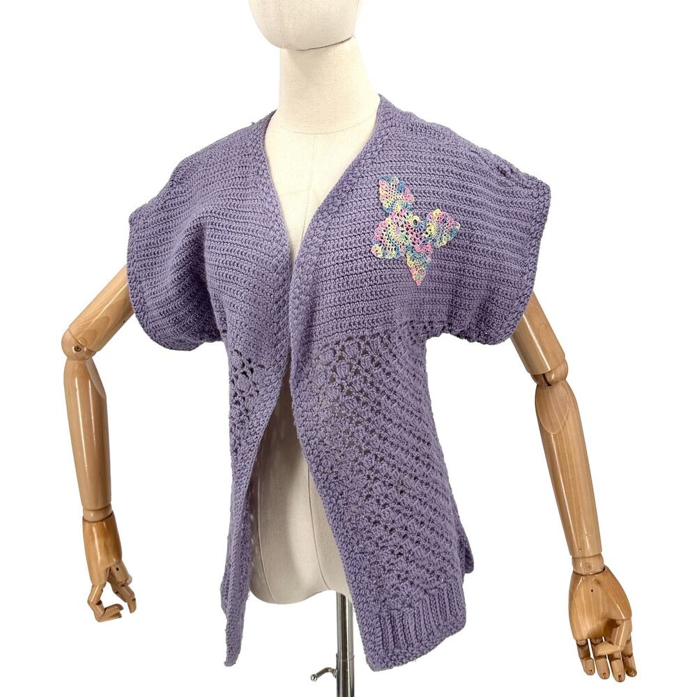 Vintage 70s Handmade Purple Crochet Lace Butterfly Applique Cardigan